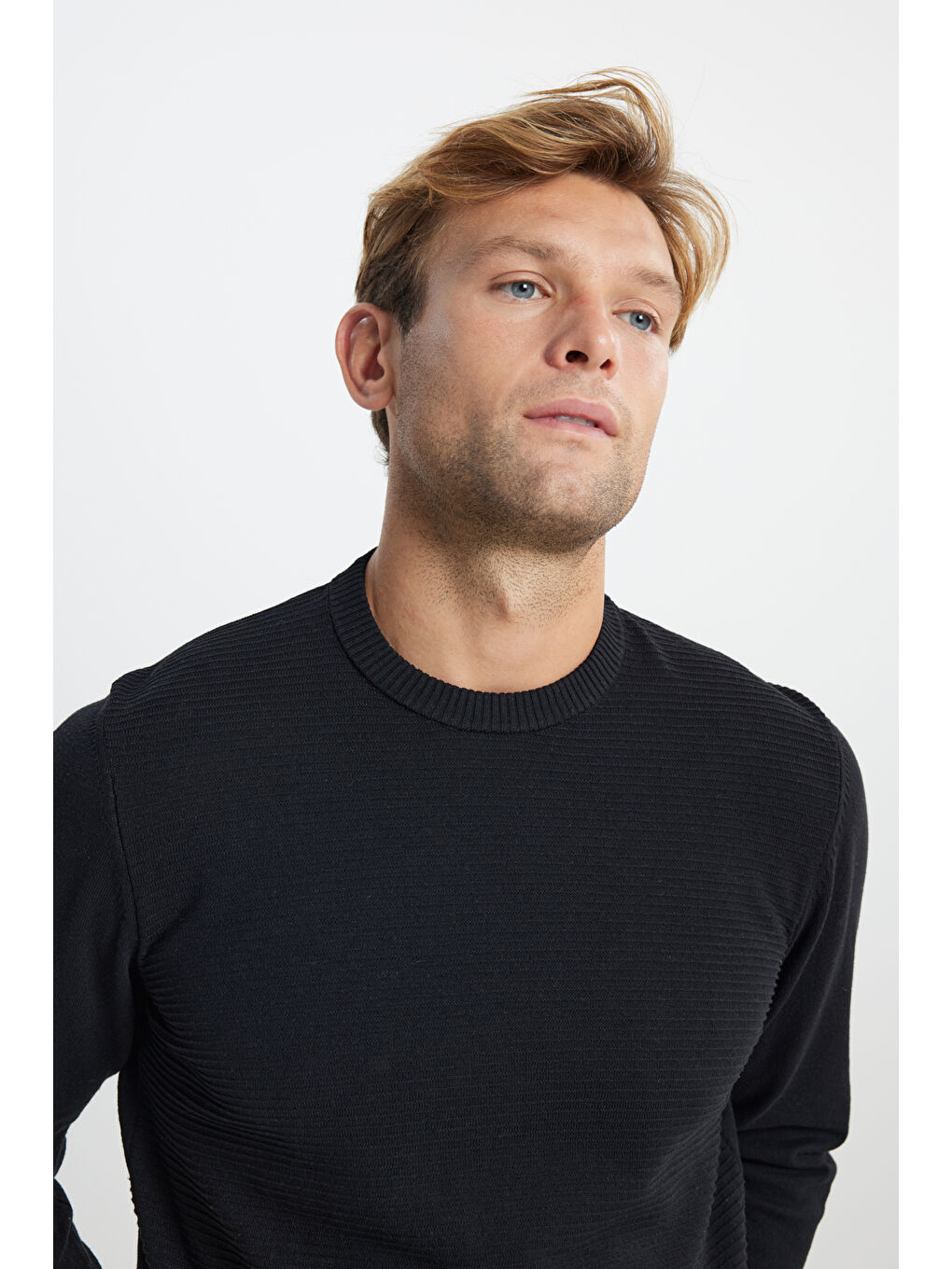 Erkek Siyah Pamuklu Standart Fit Normal Kesim Bisiklet Yaka Jakarlı Triko Kazak-4