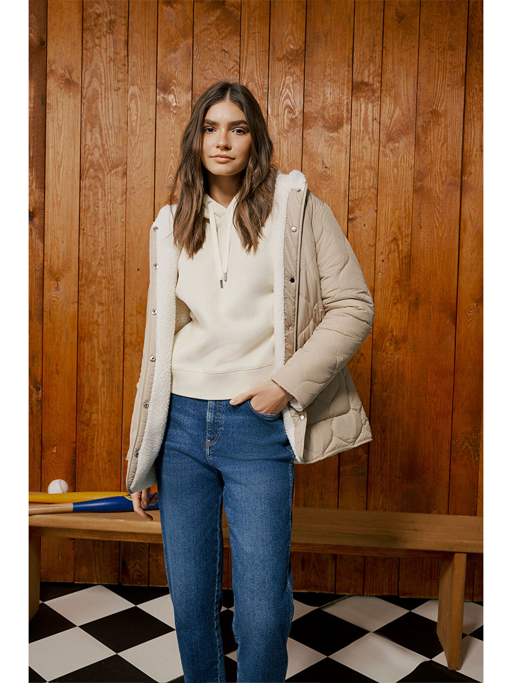 Regular Fit Normal Kesim Kapüşonlu İçi Polarlı Ekru Sweatshirt