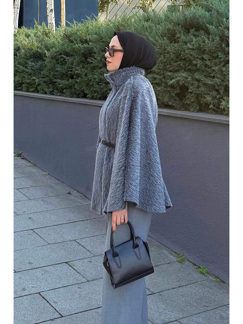 Düğmeli Kemerli Panço Gri-1