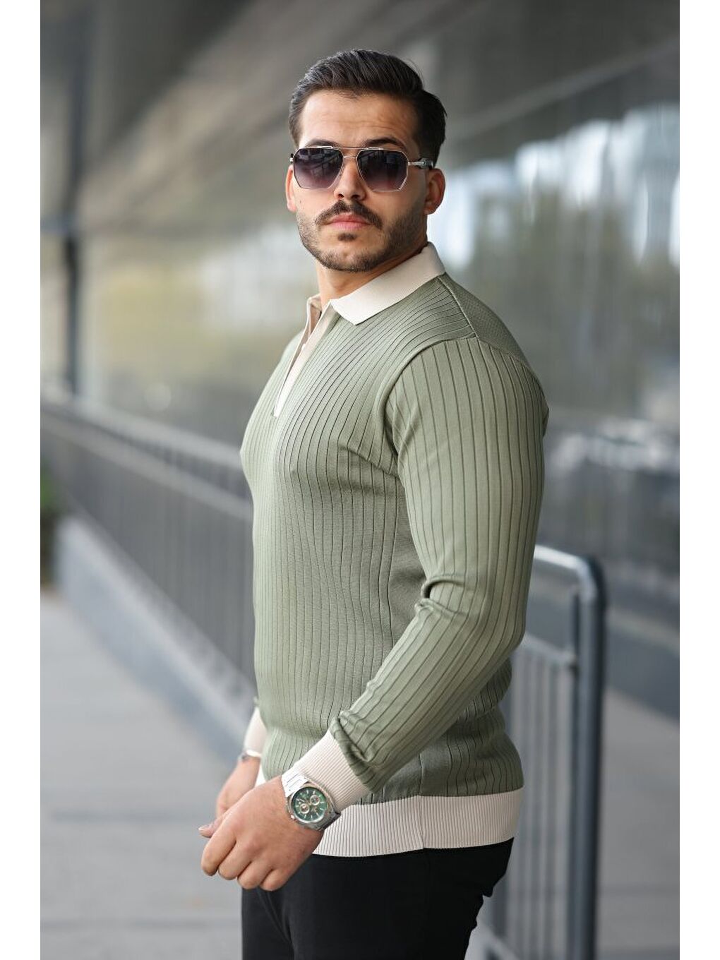 Yeşil Erkek Kol Ve Yaka Detaylı Uzun Kollu Triko-1