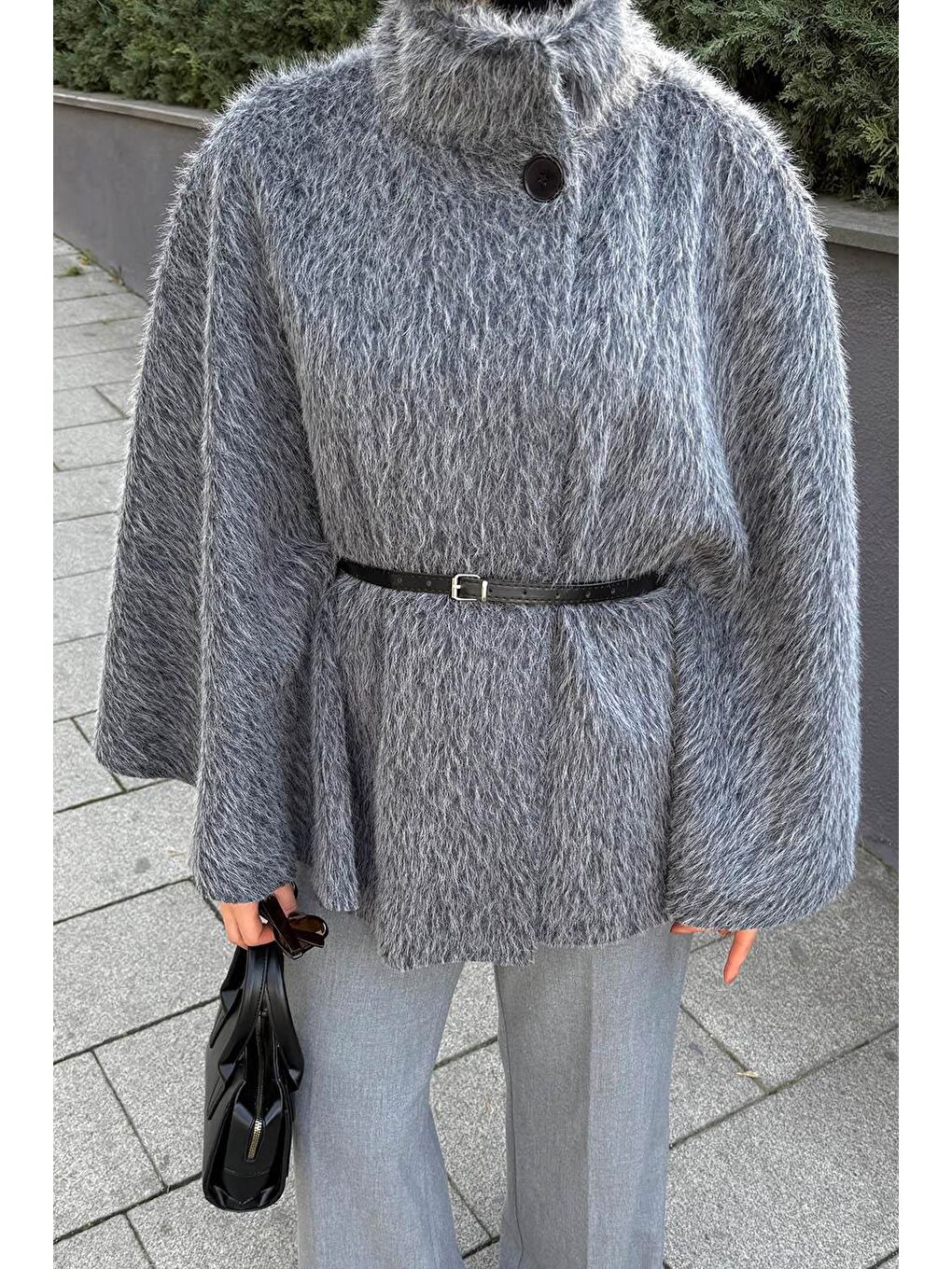 Düğmeli Kemerli Panço Gri-2