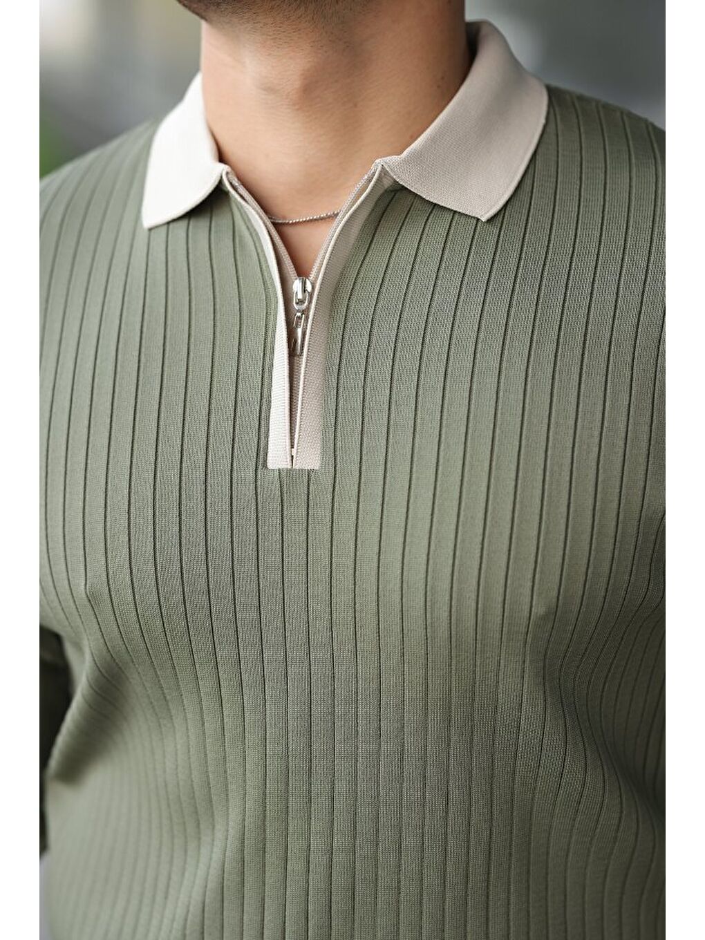 Yeşil Erkek Kol Ve Yaka Detaylı Uzun Kollu Triko-2