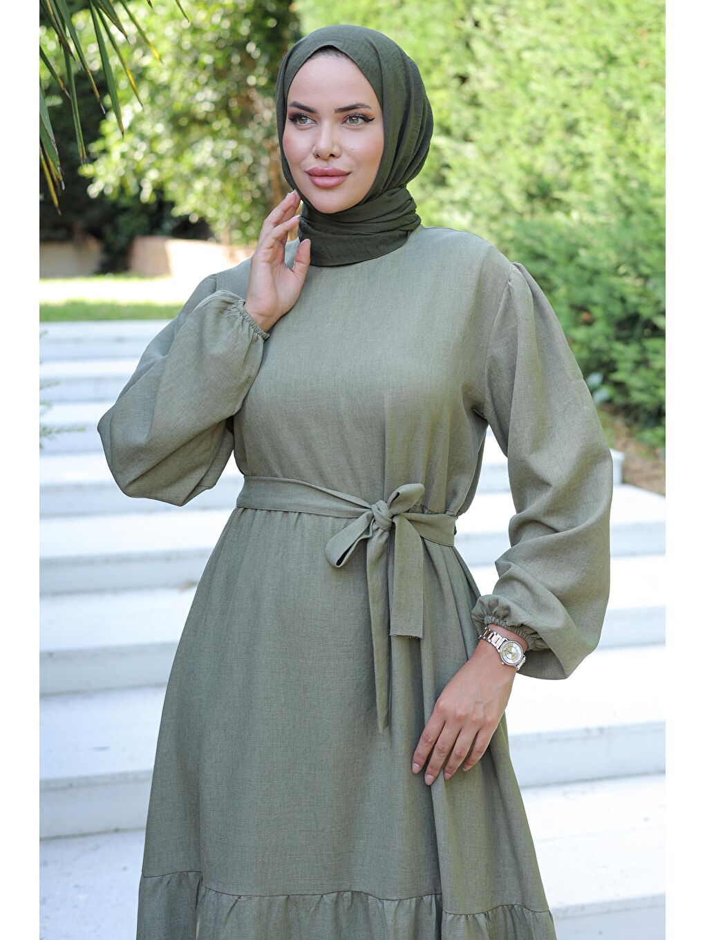 Katlı Elbise Haki - 26624-3