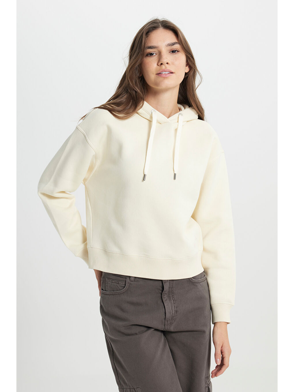 Regular Fit Normal Kesim Kapüşonlu İçi Polarlı Ekru Sweatshirt-1