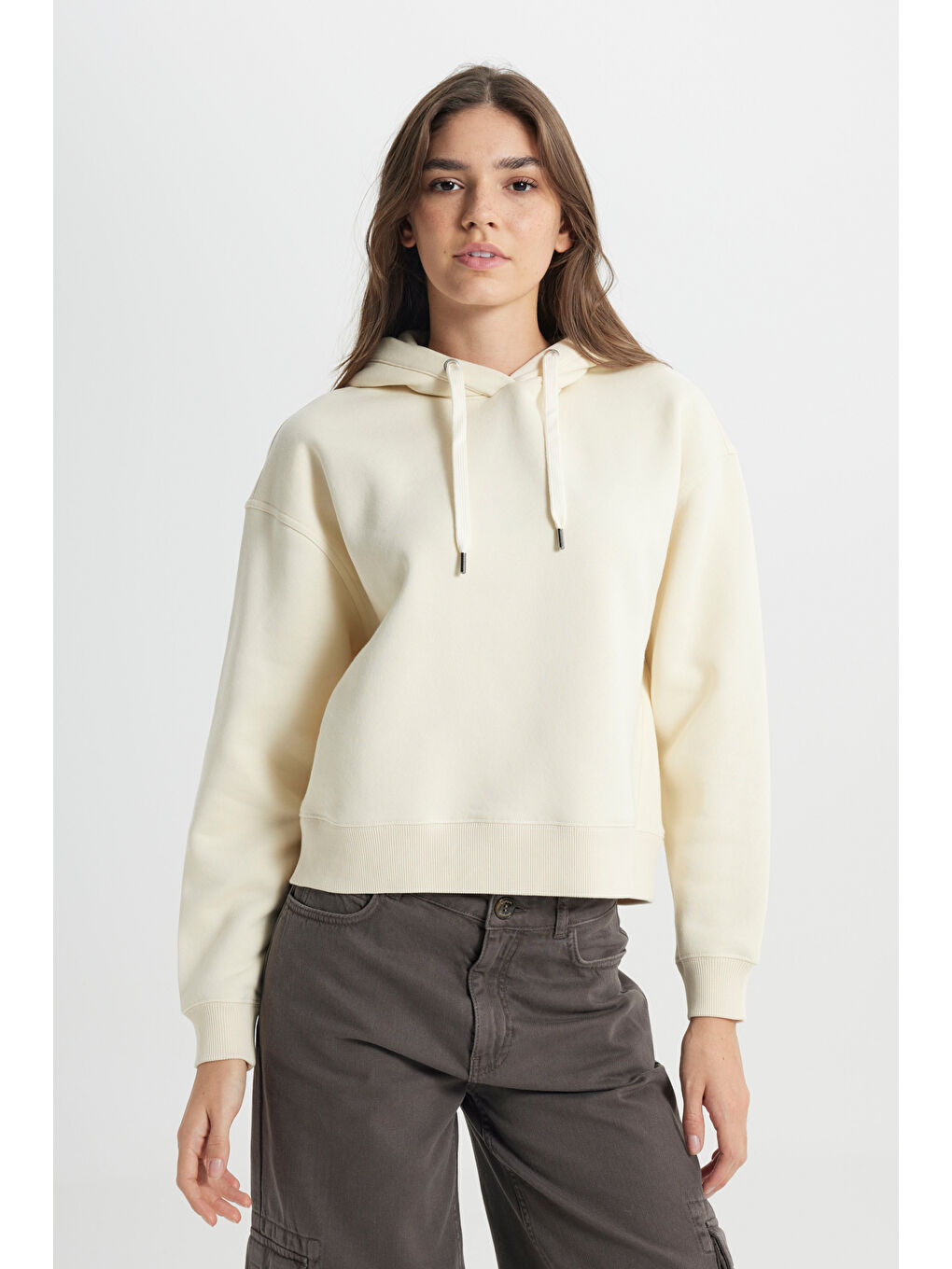 Regular Fit Normal Kesim Kapüşonlu İçi Polarlı Ekru Sweatshirt-2