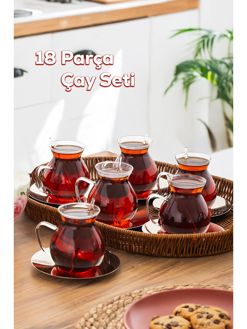 Renksiz Keyf-i Ala 18 Parça Paslanmaz Çelik Tabaklı 200 ml Borosilikat Çay Seti-1