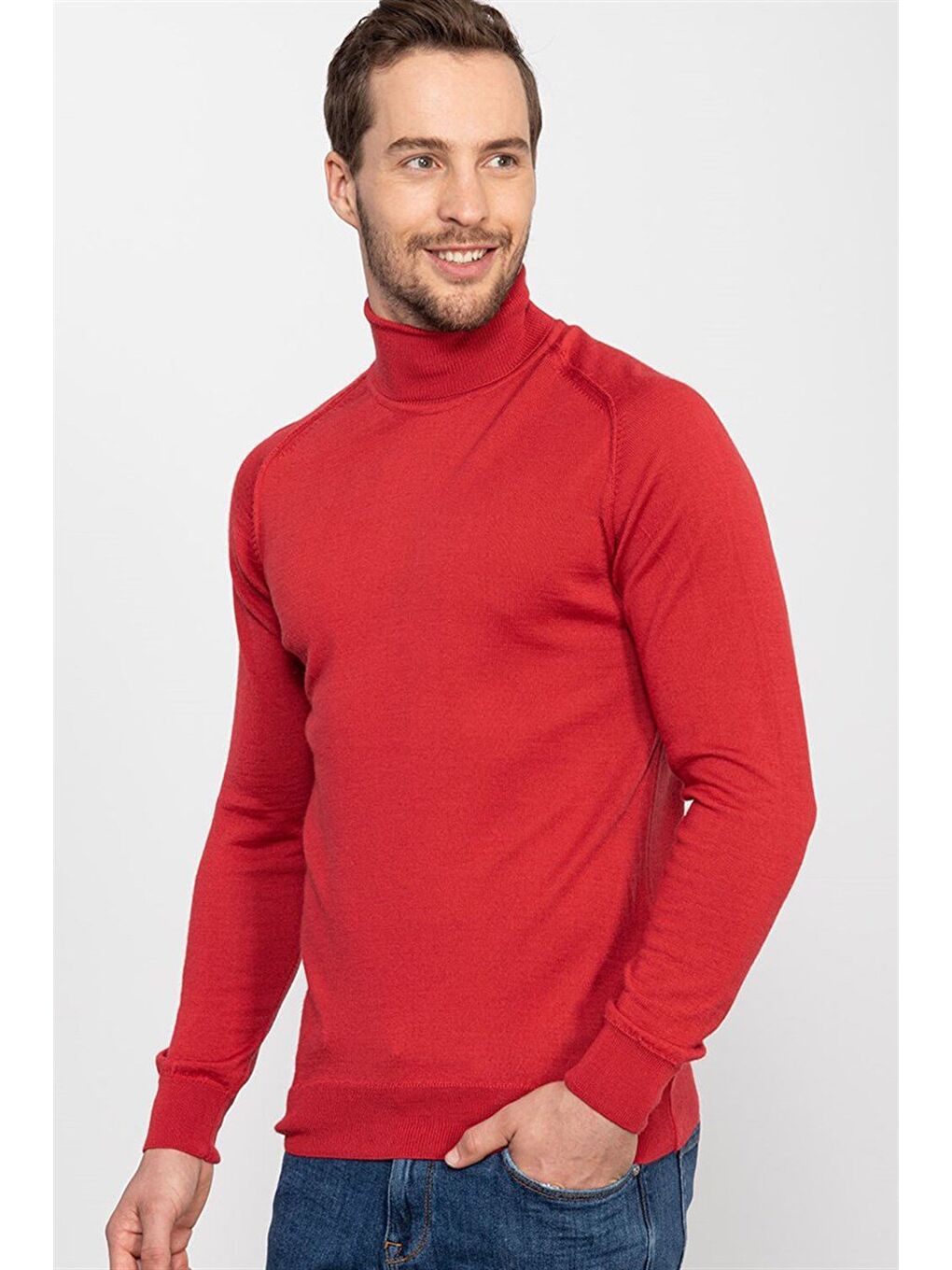 Erkek Slim Fit Tam Balıkçı Yaka Düz Kırmızı Triko Kazak-1