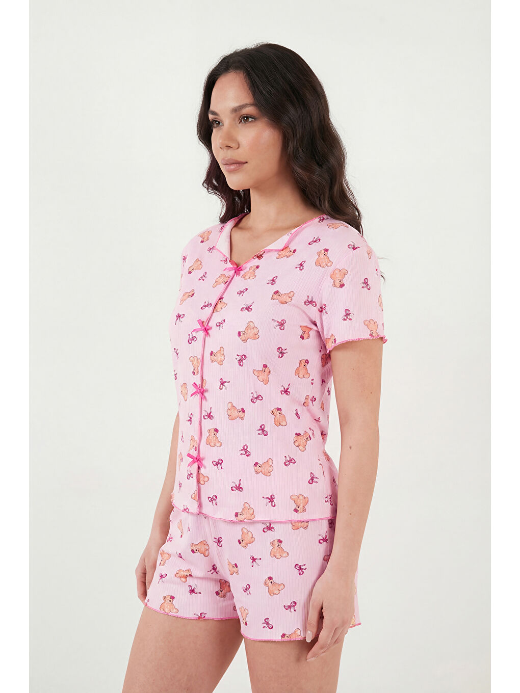 Pembe Regular Fit Desenli V Yaka Şortlu Pijama Takımı 65770837-5