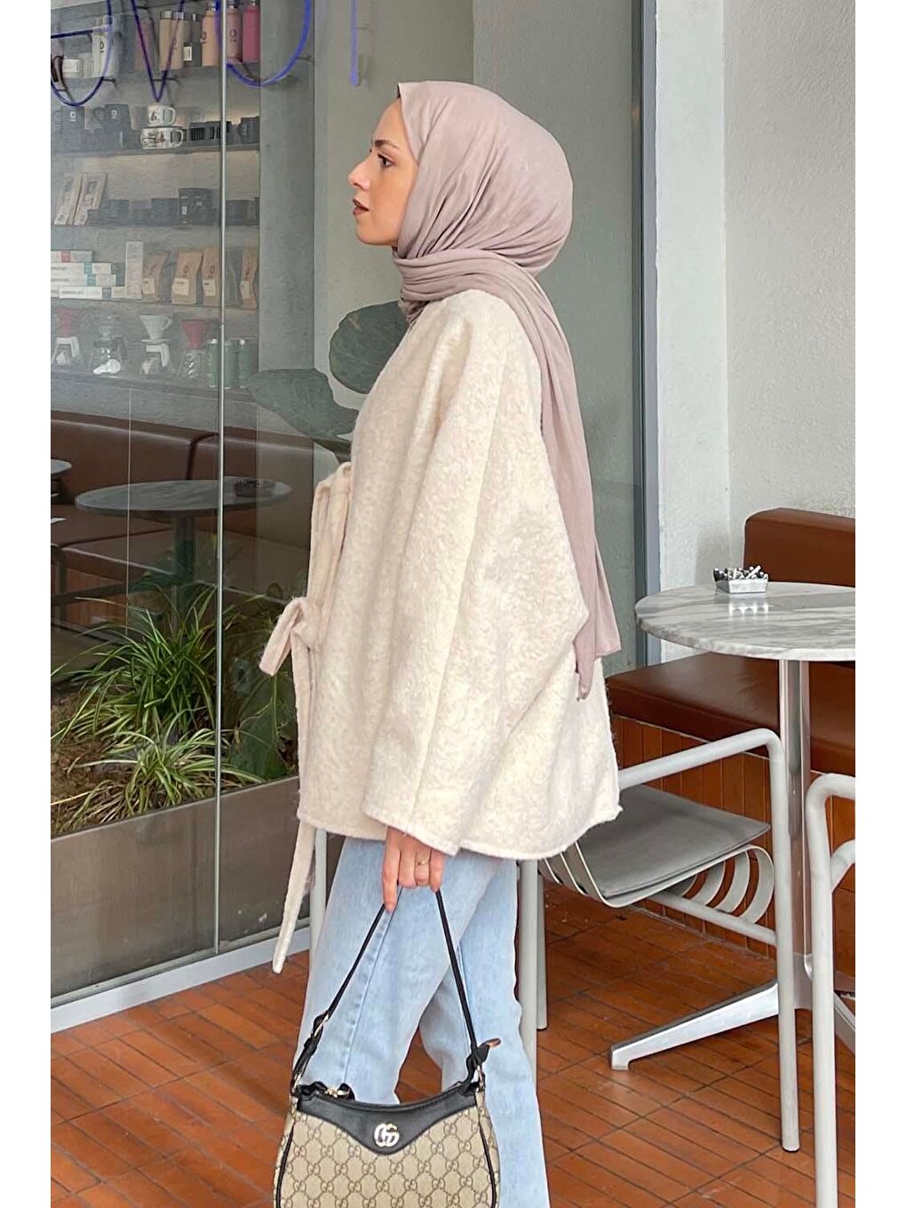 Bağlamalı Kaşe Kimono Ekru-1