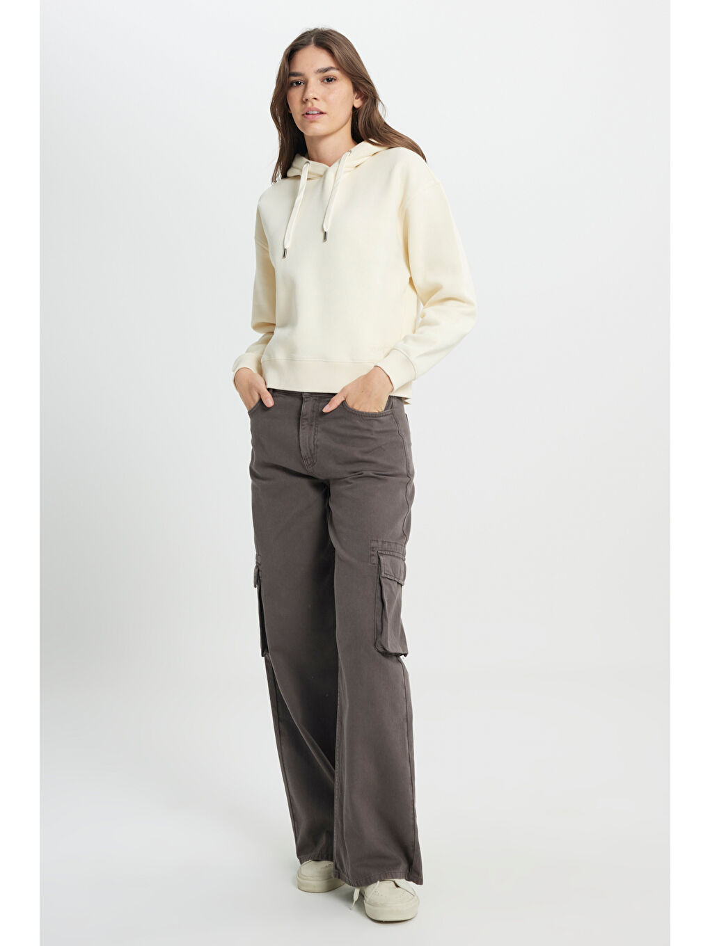 Regular Fit Normal Kesim Kapüşonlu İçi Polarlı Ekru Sweatshirt-3