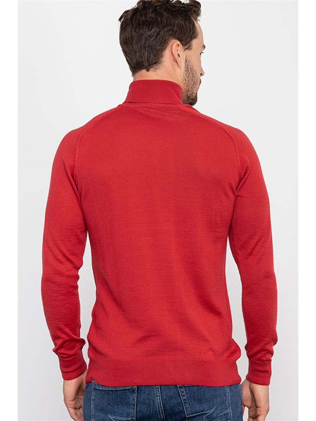 Erkek Slim Fit Tam Balıkçı Yaka Düz Kırmızı Triko Kazak-3