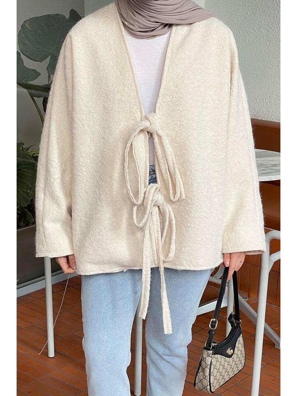 Bağlamalı Kaşe Kimono Ekru-2