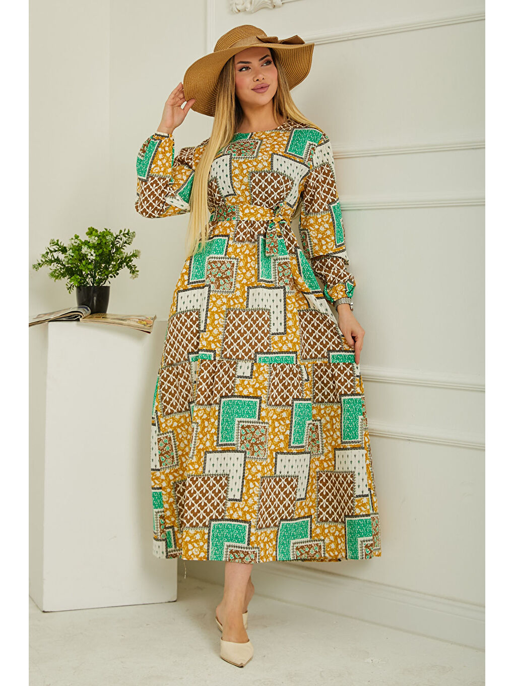 Sarı Desenli Kolu Büzgülü Elbise Hardal - 26619