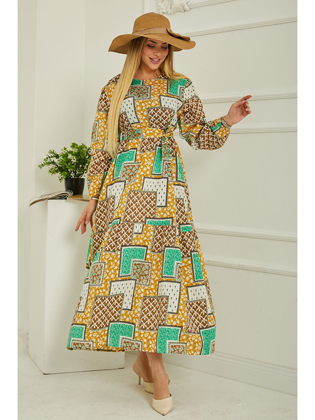 Sarı Desenli Kolu Büzgülü Elbise Hardal - 26619-1