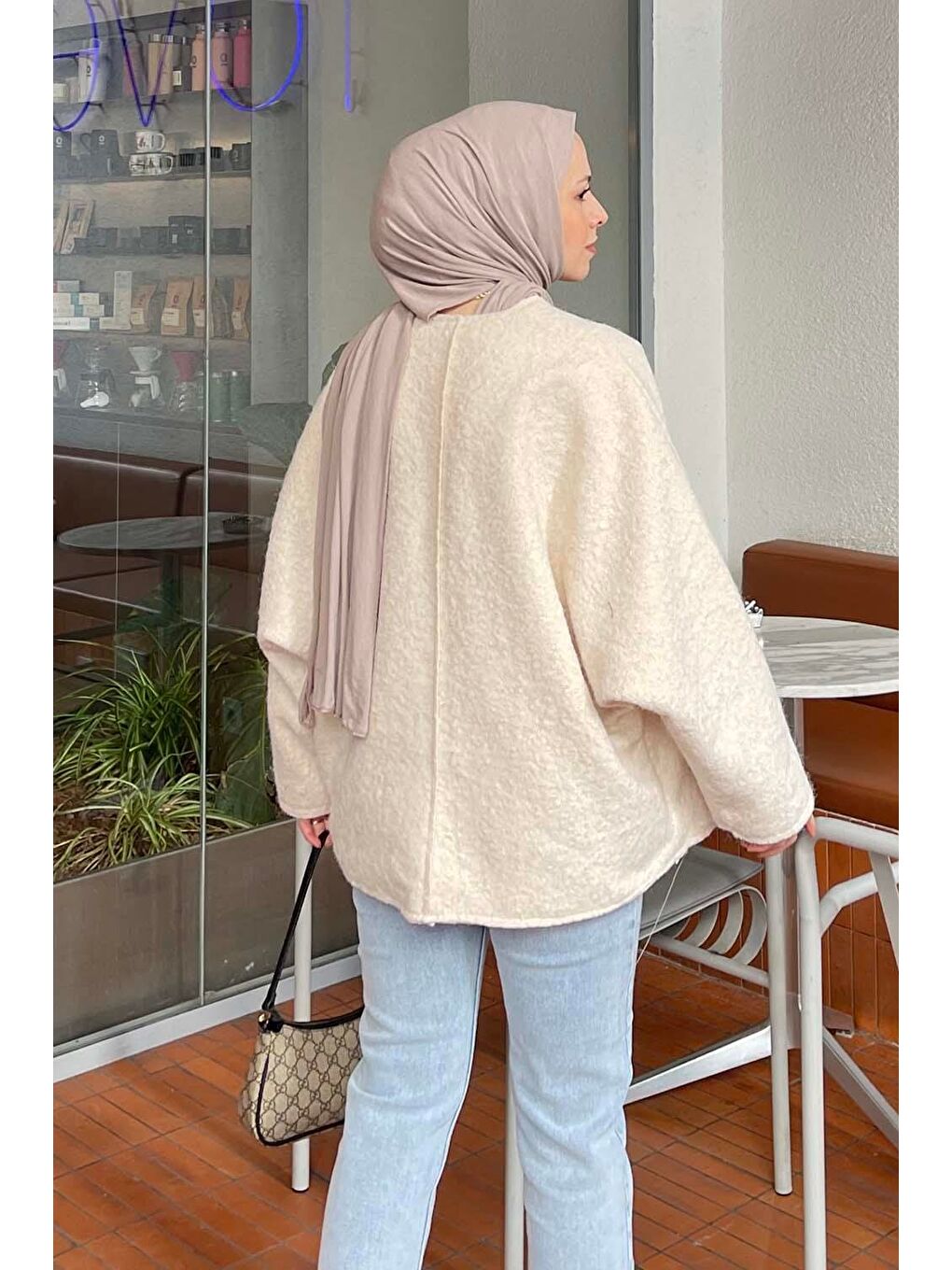 Bağlamalı Kaşe Kimono Ekru-3