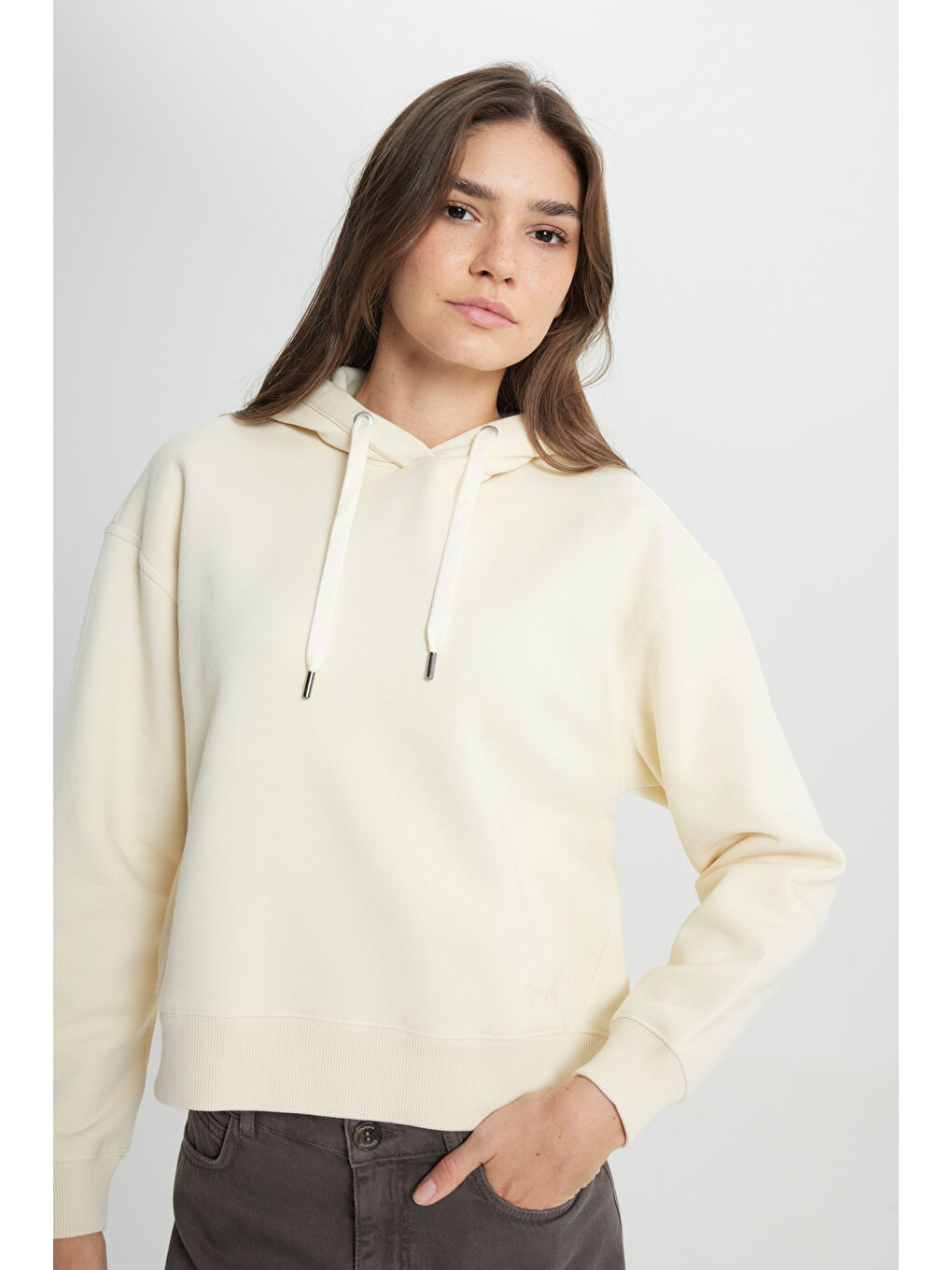Regular Fit Normal Kesim Kapüşonlu İçi Polarlı Ekru Sweatshirt-4
