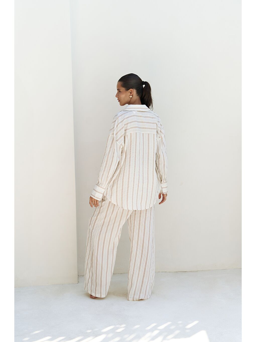 Bej Priskiana Bağcıklı Vizon Pantolon Gömlek Takım-1