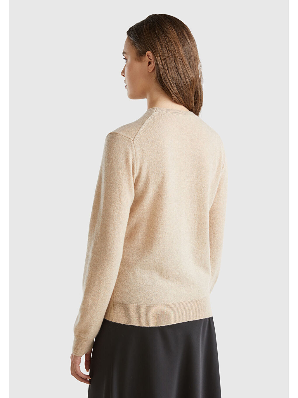 Kadın Bej Melanj %100 Kaşmir Yuvarlak Yaka Düz Kazak-2