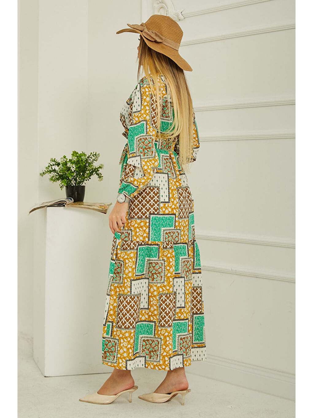 Sarı Desenli Kolu Büzgülü Elbise Hardal - 26619-4