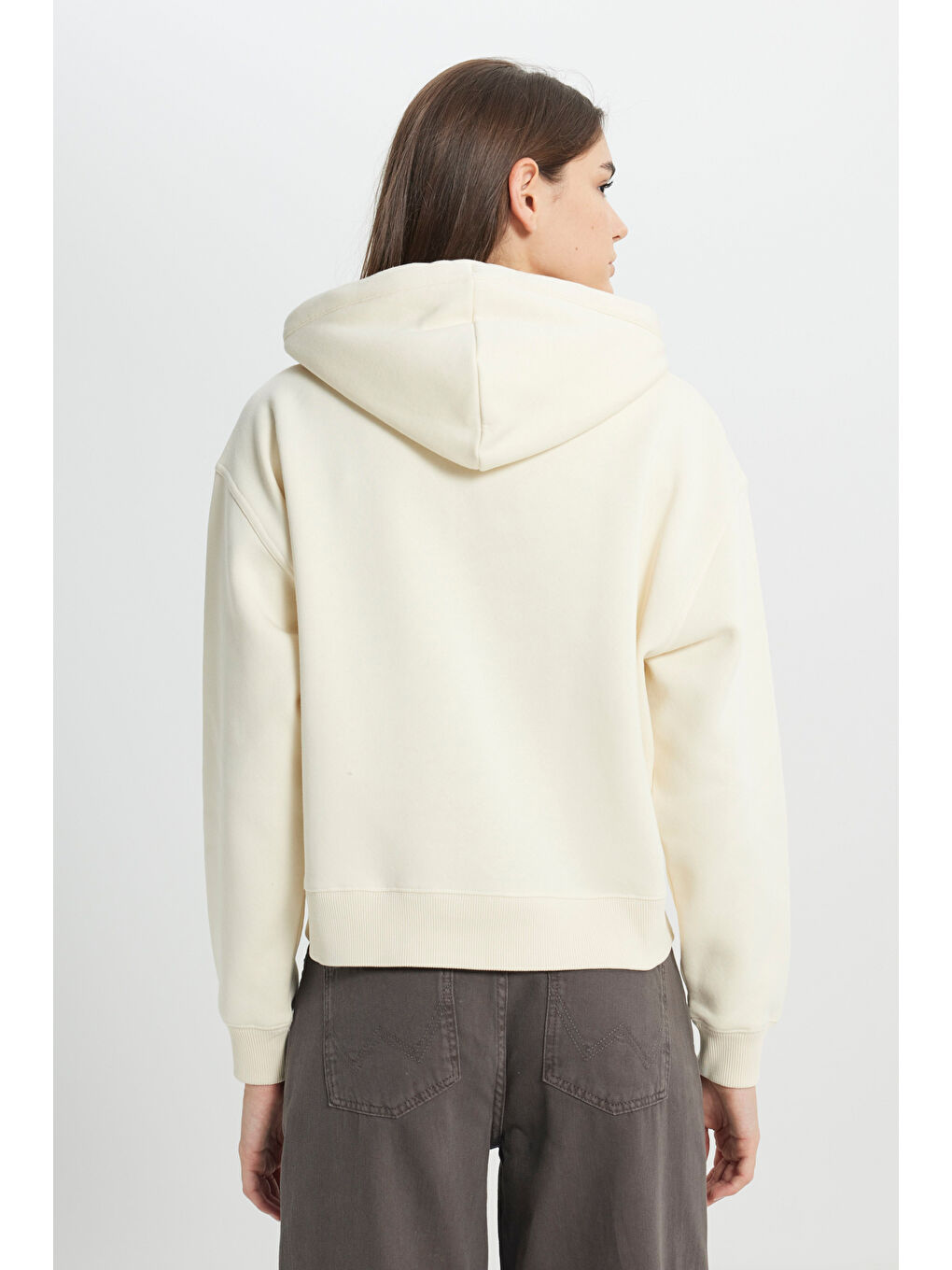 Regular Fit Normal Kesim Kapüşonlu İçi Polarlı Ekru Sweatshirt-5