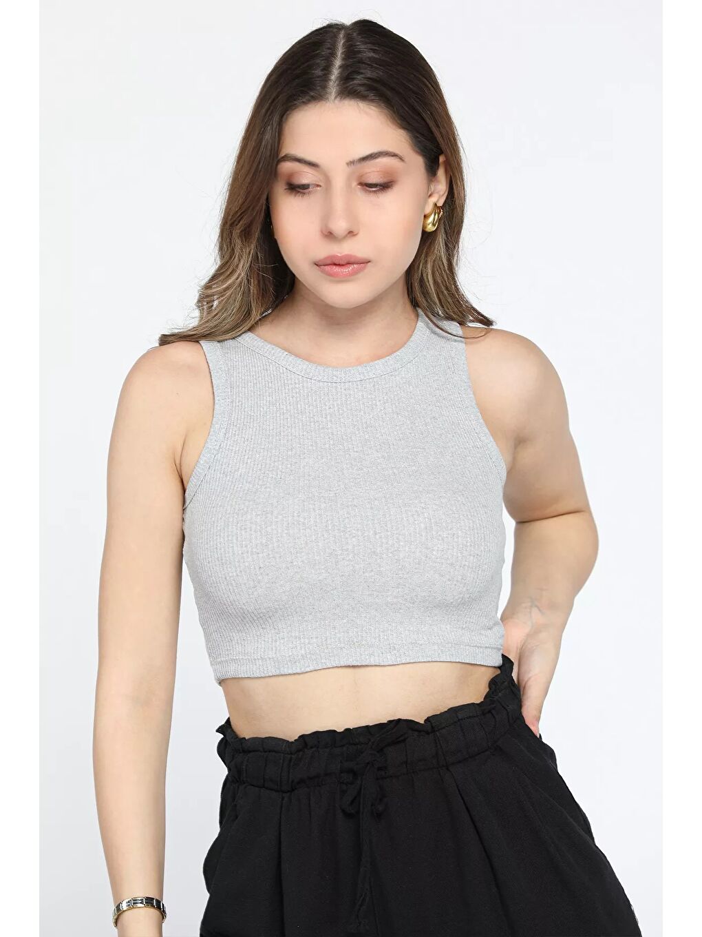 GÜLSELİ Gri Bisiklet Yaka Kaşkorse Crop Top Büstiyer Bluz