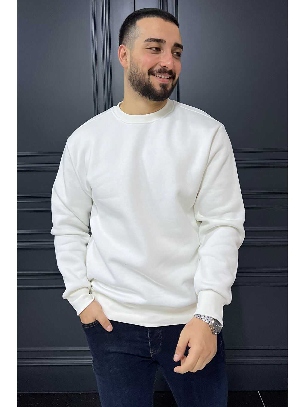 Mishar İtalia Beyaz Erkek Bisiklet Yaka Şardonlu Sweatshirt