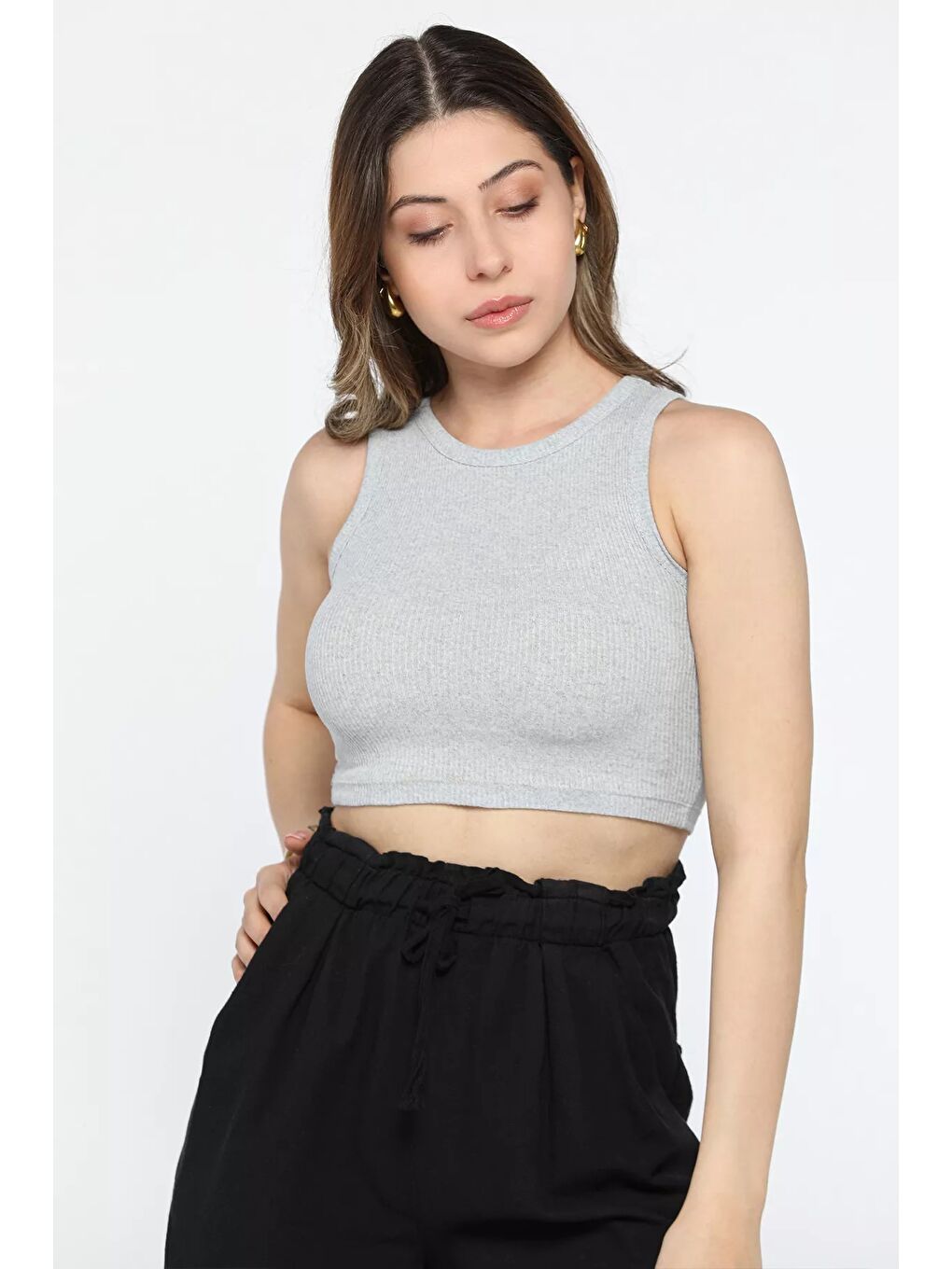 GÜLSELİ Gri Bisiklet Yaka Kaşkorse Crop Top Büstiyer Bluz - 1