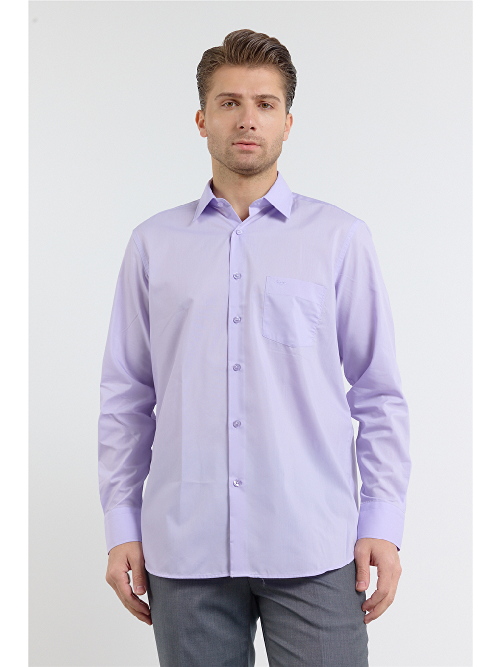 Açık Lila Sert Yaka Uzun Kol Easy To Iron Comfort Fit Pamuklu Gömlek 1004255182