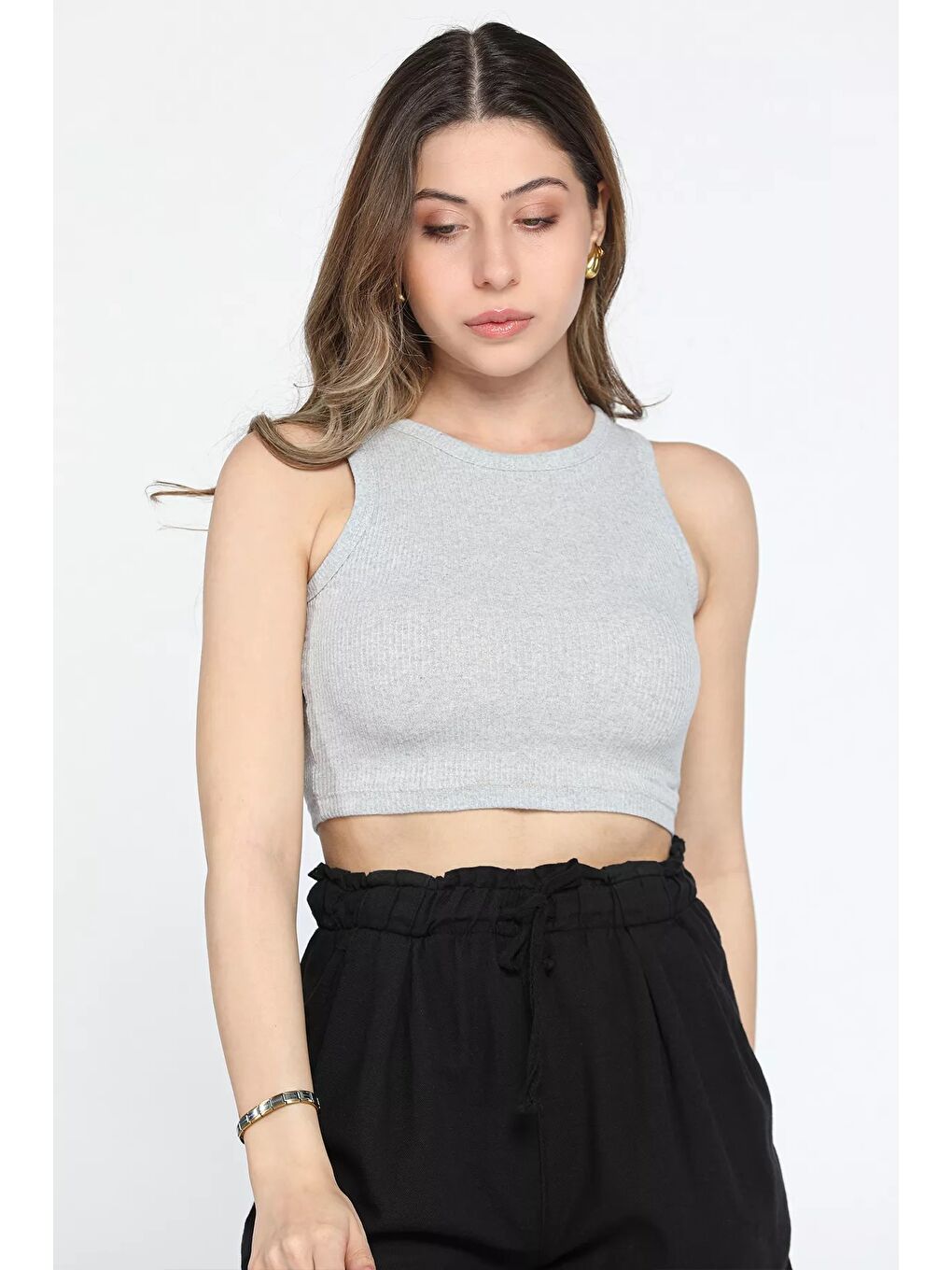 GÜLSELİ Gri Bisiklet Yaka Kaşkorse Crop Top Büstiyer Bluz - 2