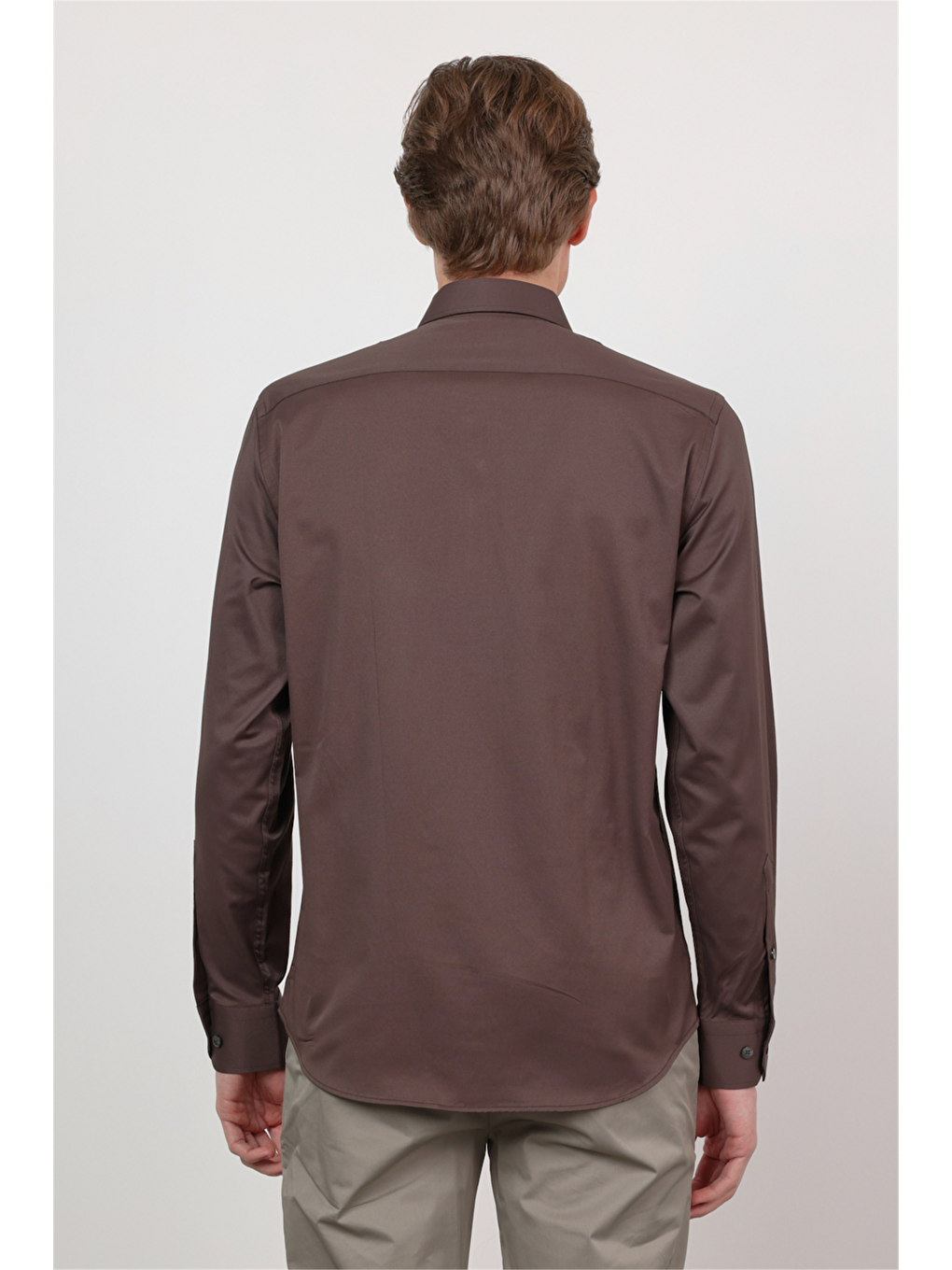 Kahverengi Sert Yaka Uzun Kol Cepsiz Slim Fit Pamuklu Gömlek 1004260213-4