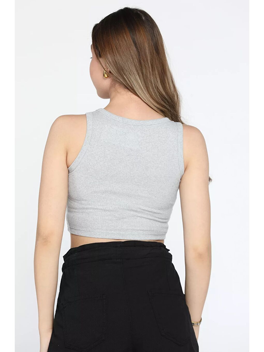 GÜLSELİ Gri Bisiklet Yaka Kaşkorse Crop Top Büstiyer Bluz - 3