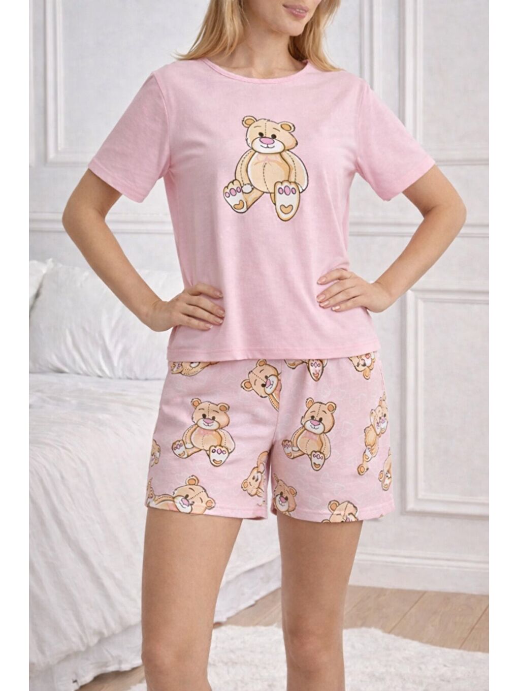 Ayıcık Baskılı Şortlu Kadın Pijama Takımı Pembe-1