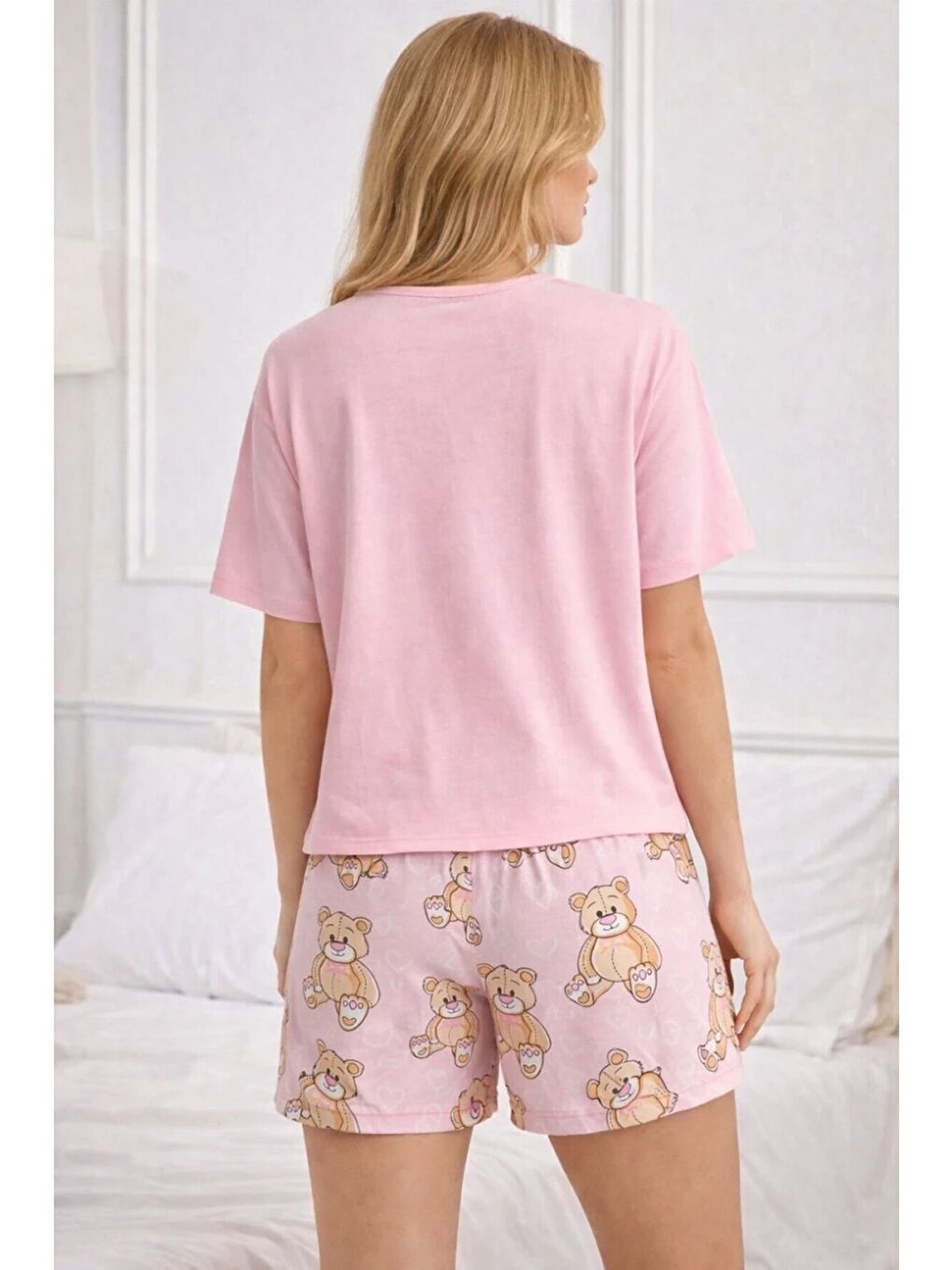 Ayıcık Baskılı Şortlu Kadın Pijama Takımı Pembe-2