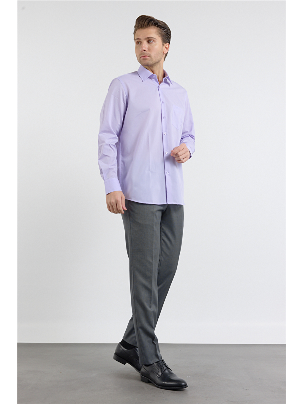 Açık Lila Sert Yaka Uzun Kol Easy To Iron Comfort Fit Pamuklu Gömlek 1004255182-1