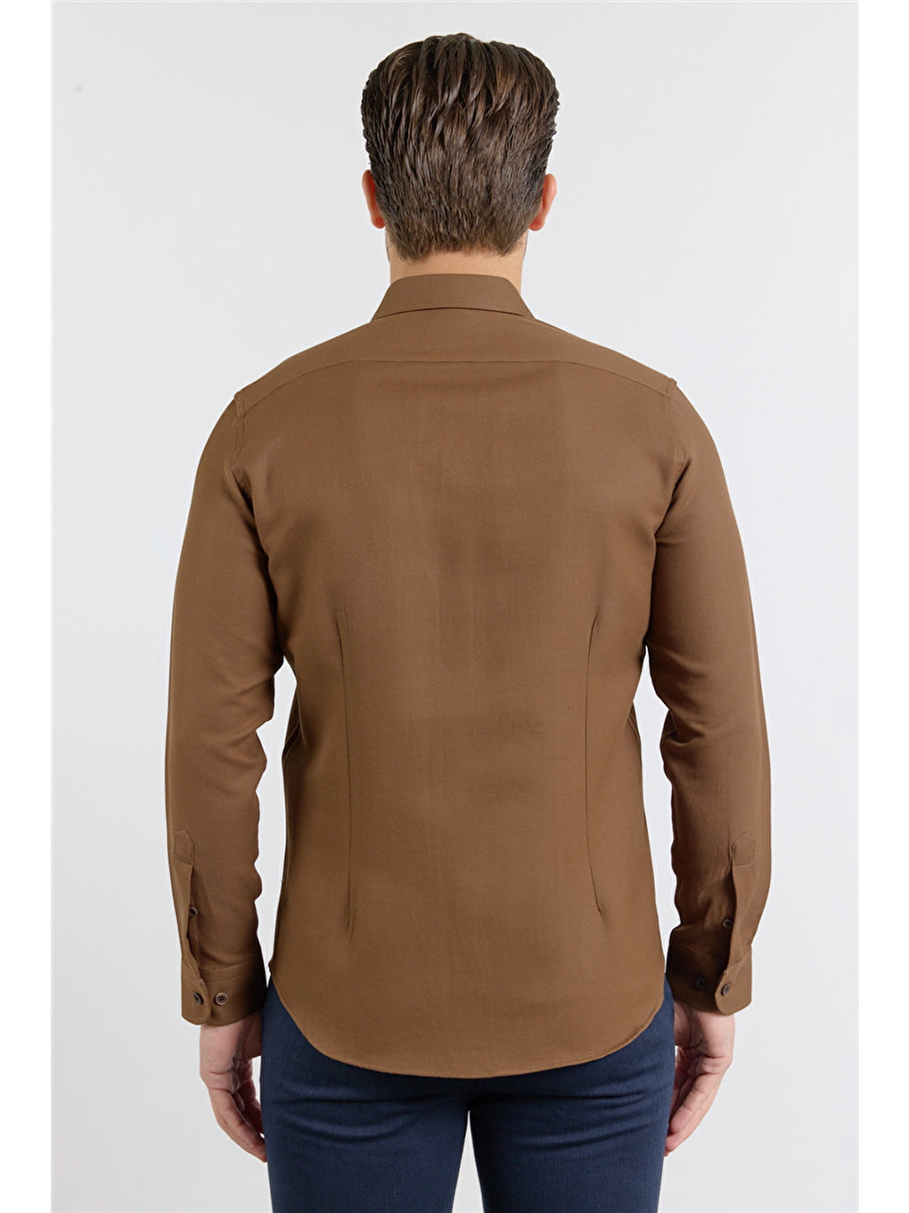 Koyu Kahverengi Perfetto Düğmeli Yaka Uzun Kol Cepsiz Slim Fit Cls Gömlek 1004255173-4