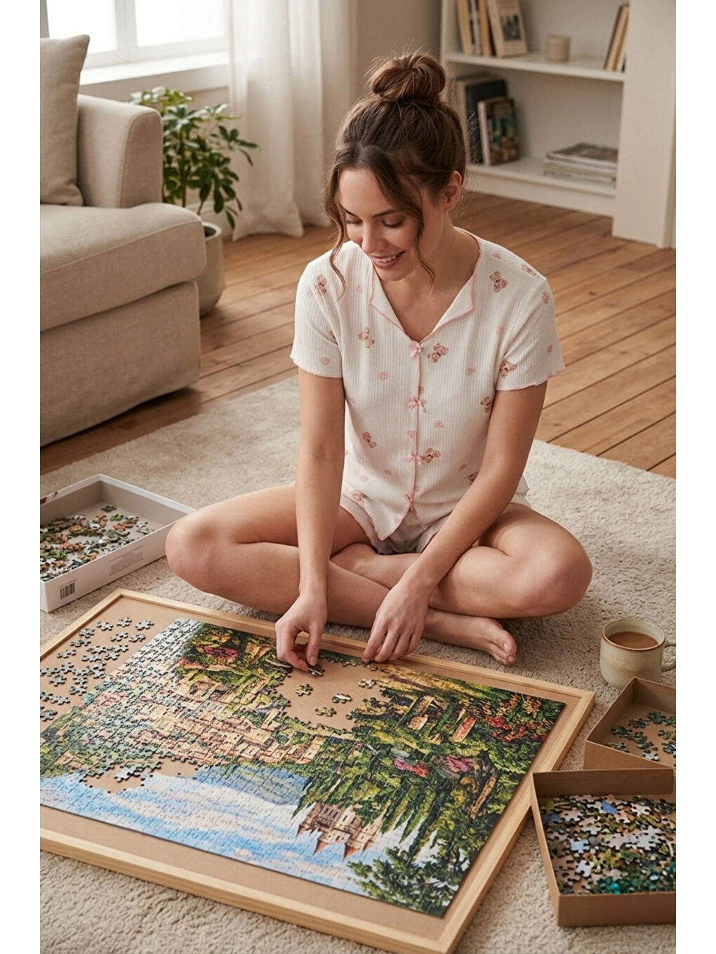 Beyaz Regular Fit Desenli V Yaka Şortlu Pijama Takımı 65770837-1