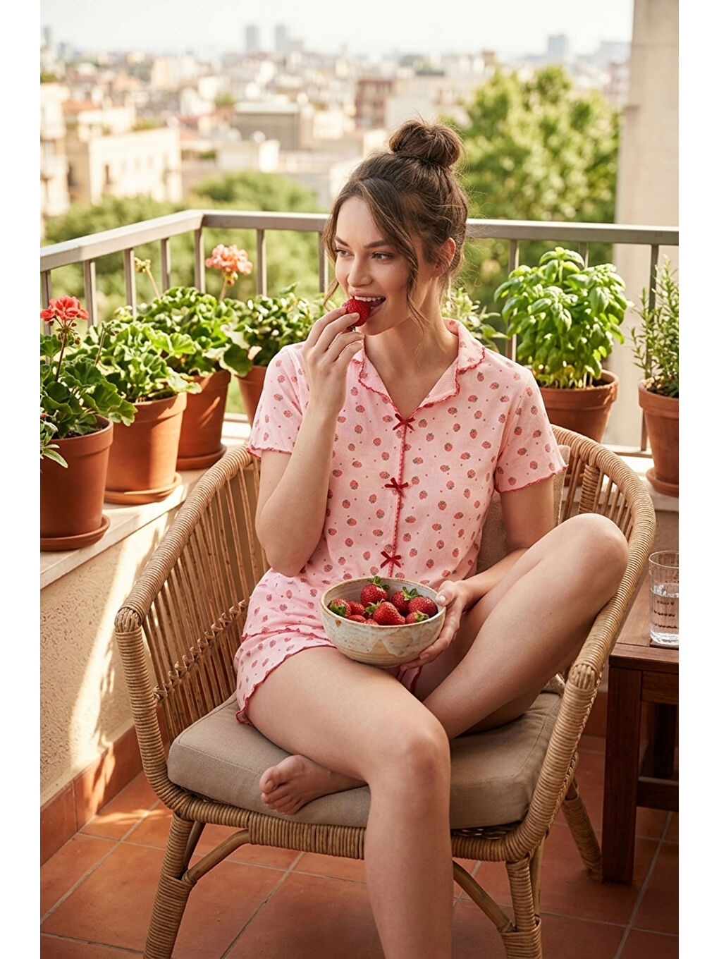 Kırmızı Regular Fit Desenli V Yaka Şortlu Pijama Takımı 65770837