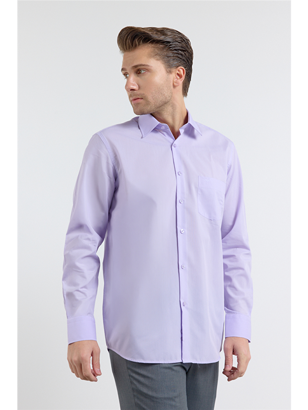 Açık Lila Sert Yaka Uzun Kol Easy To Iron Comfort Fit Pamuklu Gömlek 1004255182-2