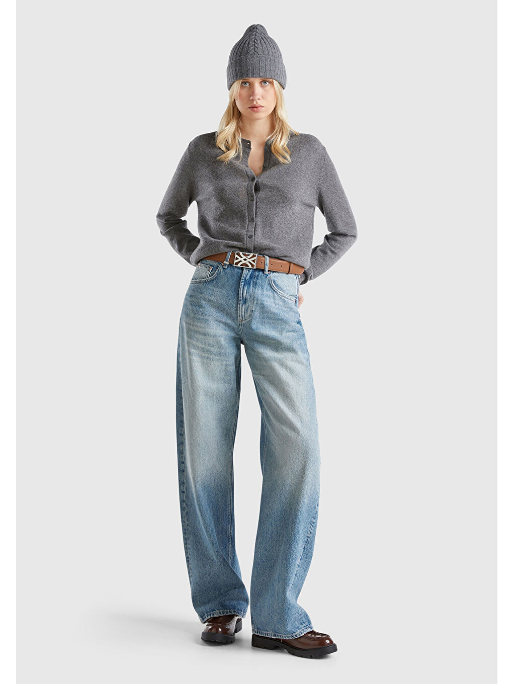 Kadın Antrasit Melanj %100 Kaşmir Yuvarlak Yaka Önü Düğme İliklemeli Hırka