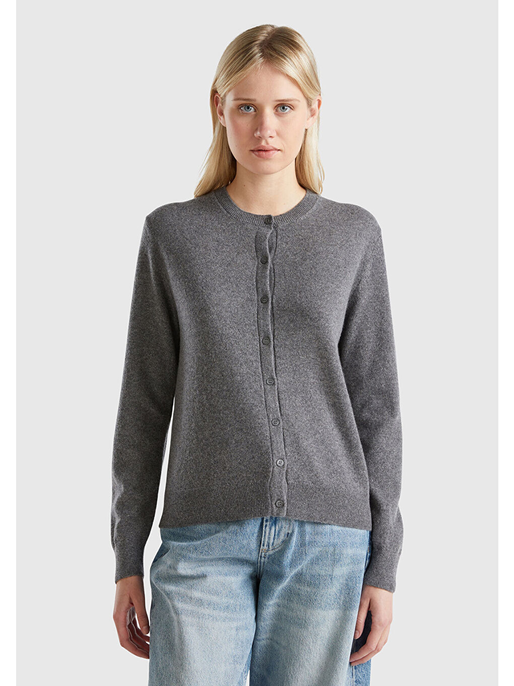 Kadın Antrasit Melanj %100 Kaşmir Yuvarlak Yaka Önü Düğme İliklemeli Hırka-1