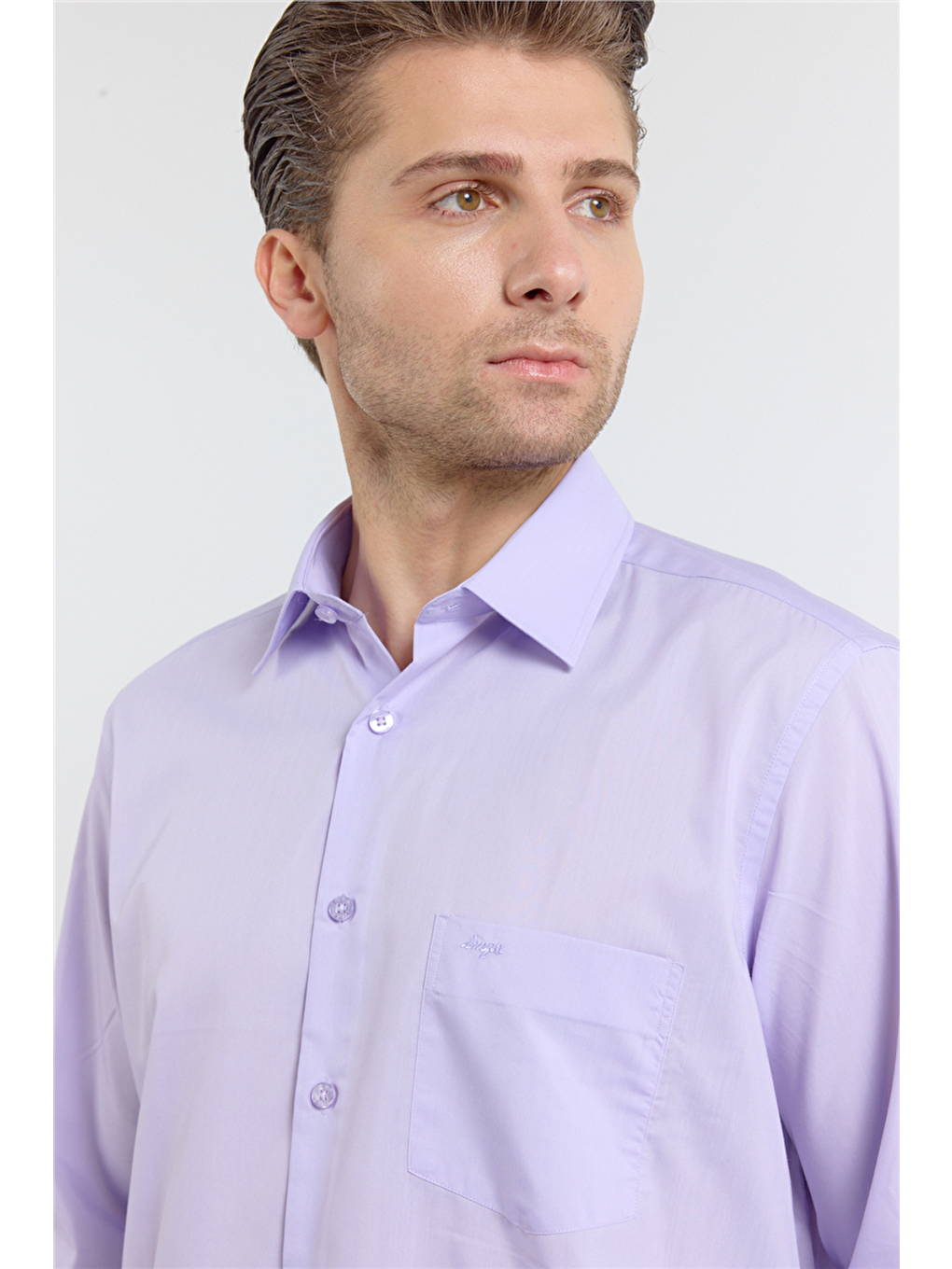 Açık Lila Sert Yaka Uzun Kol Easy To Iron Comfort Fit Pamuklu Gömlek 1004255182-3