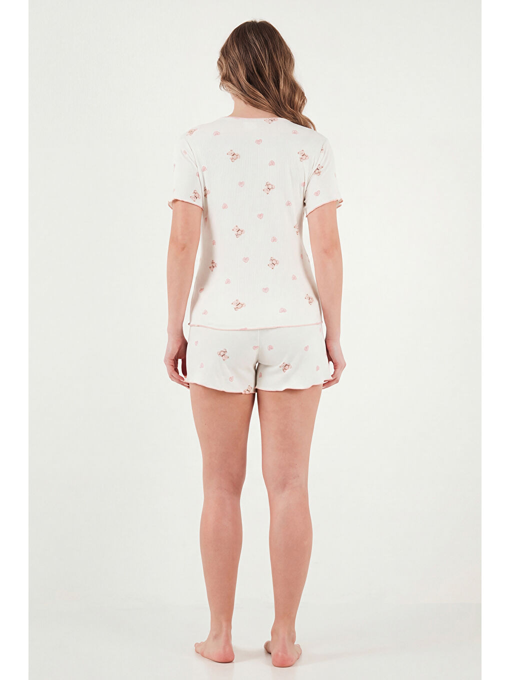 Beyaz Regular Fit Desenli V Yaka Şortlu Pijama Takımı 65770837-6