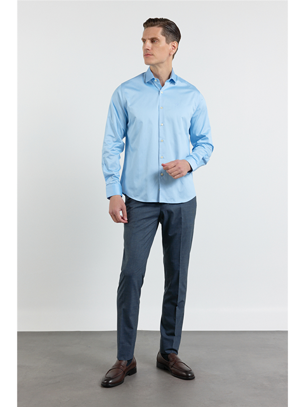 Mavi Yarım İtalyan Yaka Saten Uzun Kol Premium Slim Fit %100 Pamuk Gömlek 1004255195-1