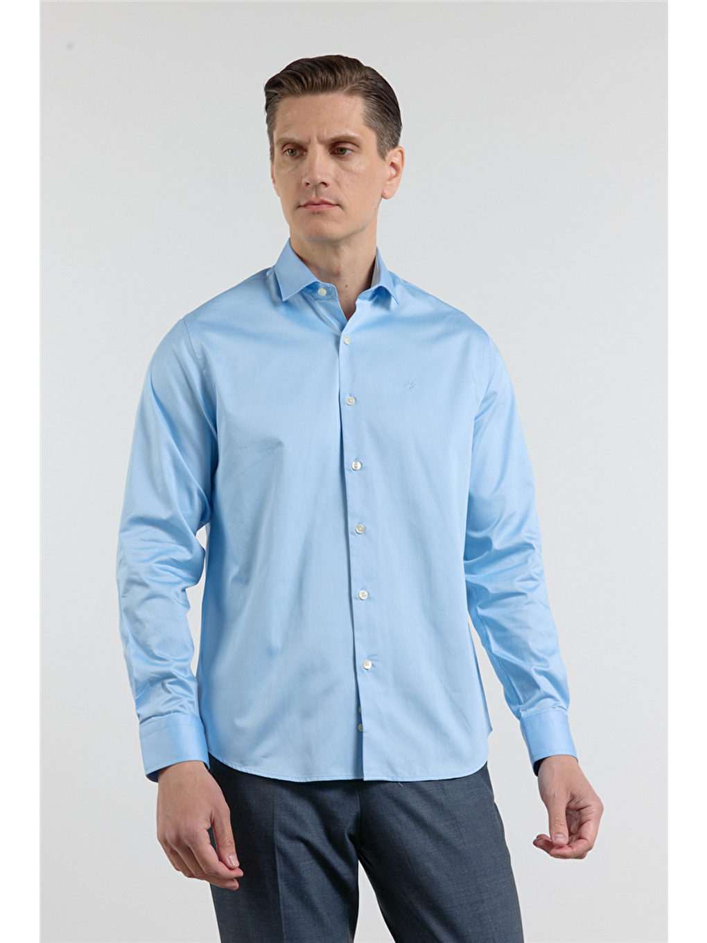 Mavi Yarım İtalyan Yaka Saten Uzun Kol Premium Slim Fit %100 Pamuk Gömlek 1004255195-2