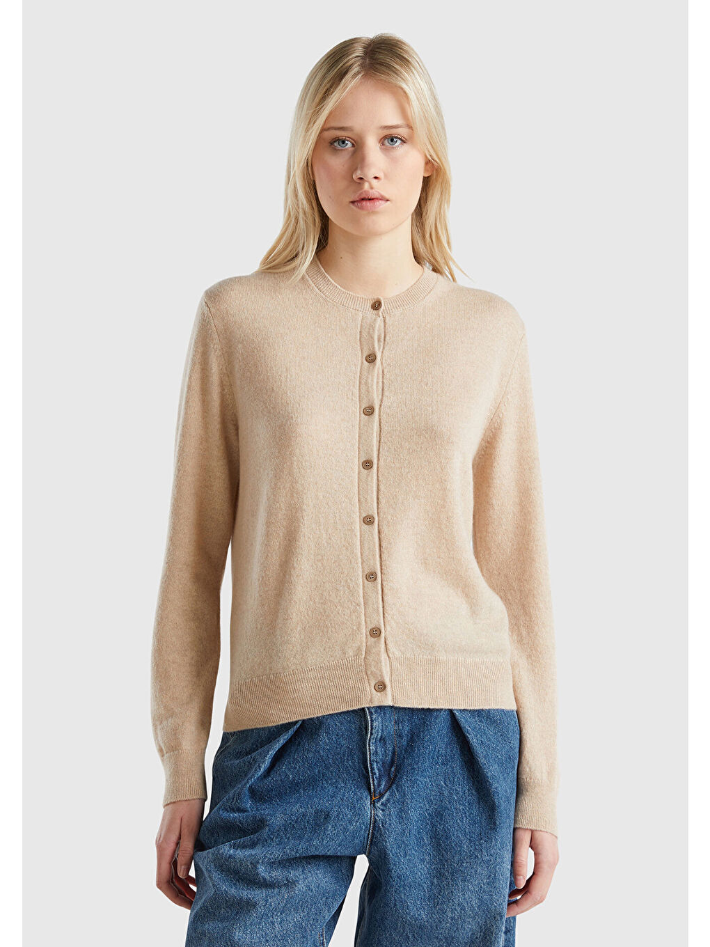 Kadın Bej Melanj %100 Kaşmir Yuvarlak Yaka Önü Düğme İliklemeli Hırka-1