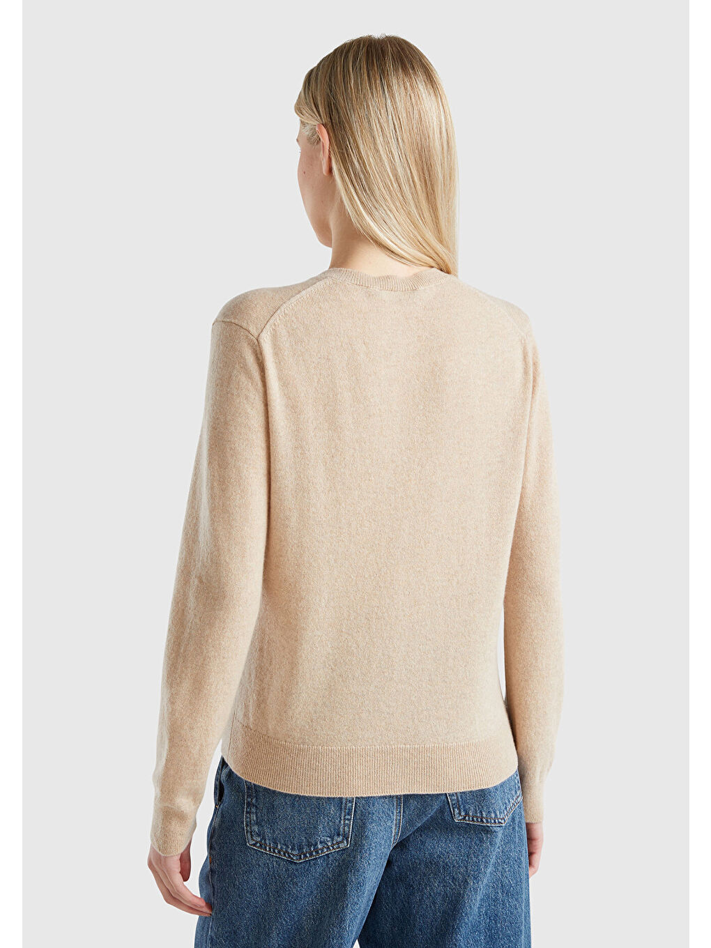 Kadın Bej Melanj %100 Kaşmir Yuvarlak Yaka Önü Düğme İliklemeli Hırka-2