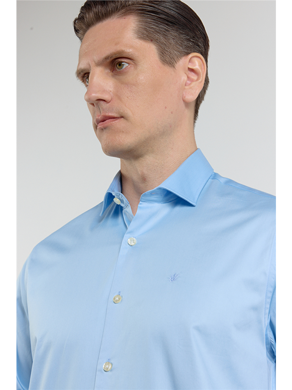 Mavi Yarım İtalyan Yaka Saten Uzun Kol Premium Slim Fit %100 Pamuk Gömlek 1004255195-3