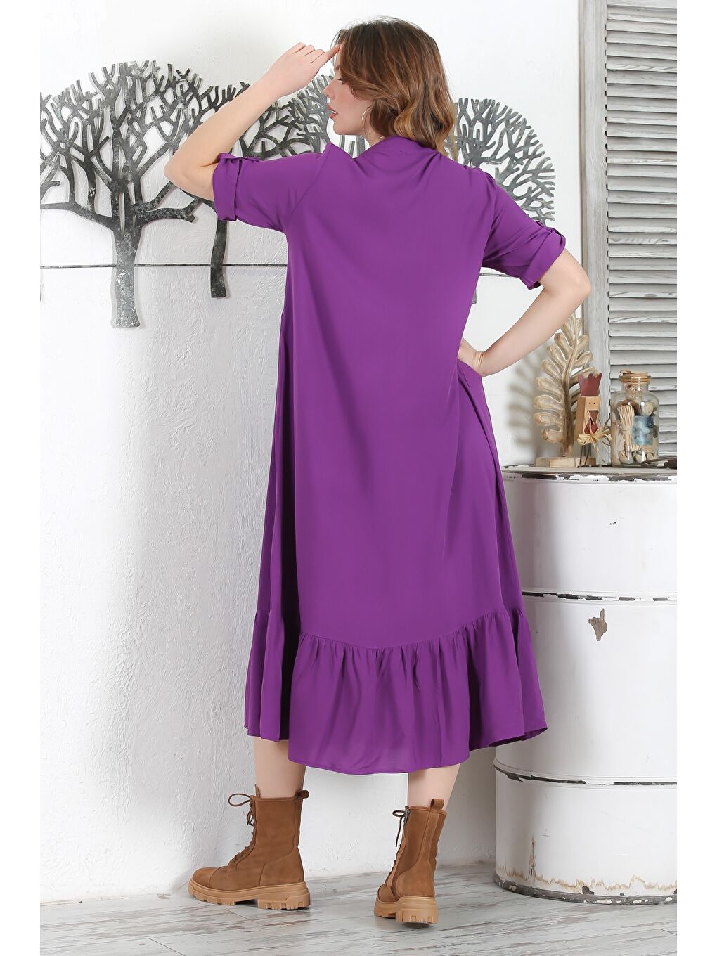 Mor Hakim Yaka Düğmeli 3/4 Kol Düğmeli Cepli Etek Ucu Fırfırlı Nakışlı Dokuma Elbise 134 54-7