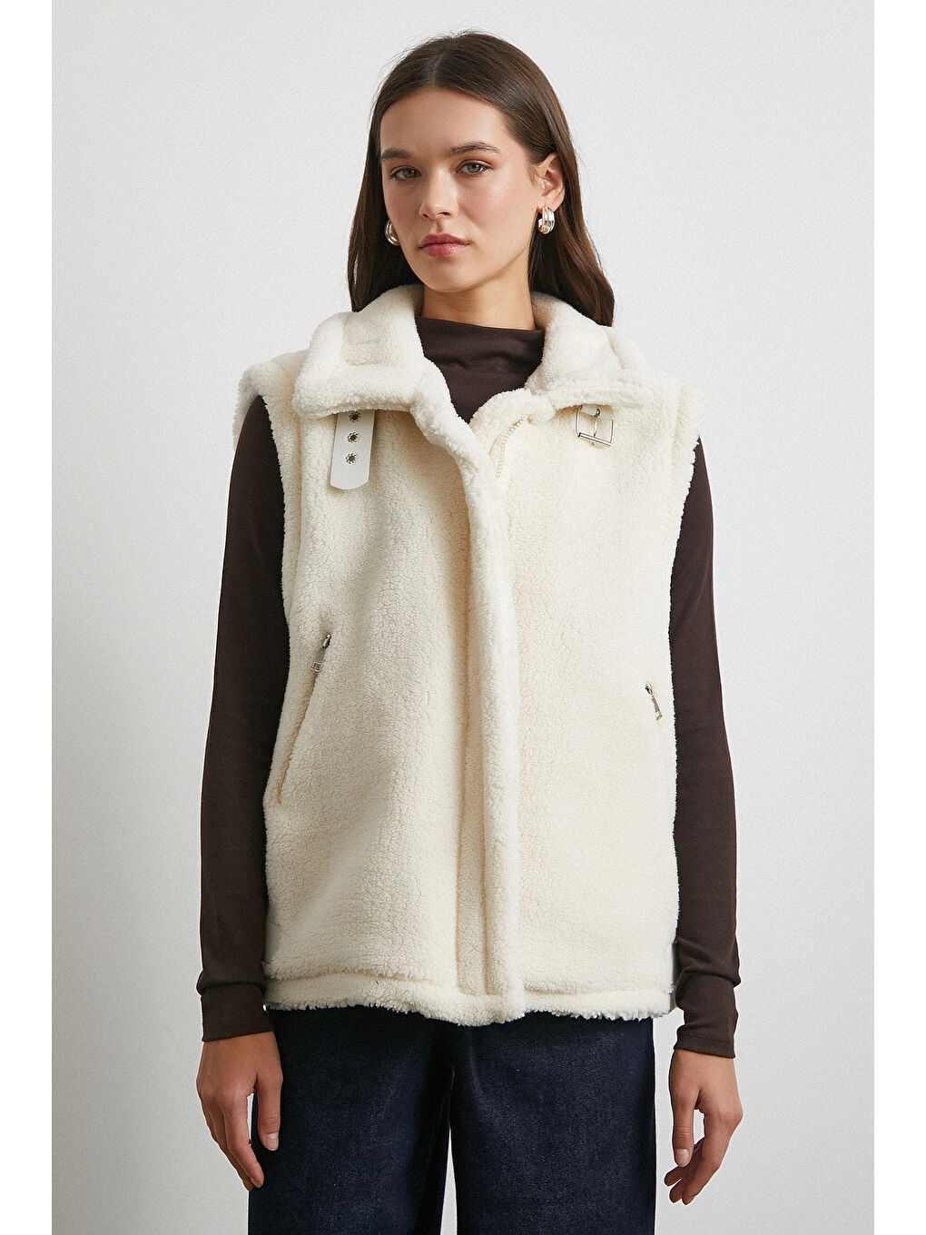 Yaka Detaylı Yumoş Yelek Ekru-3