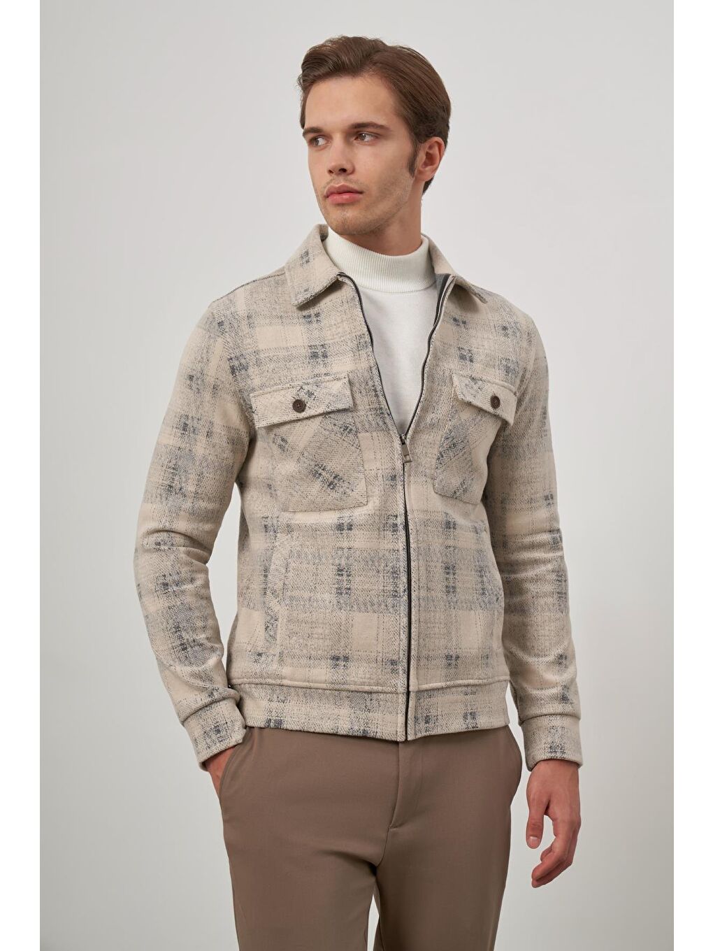 Bej Örme Bebe Yaka Kendinden Desenli Yırtmaçsız Astarsız Slim Fit Classic Mont 1007245157